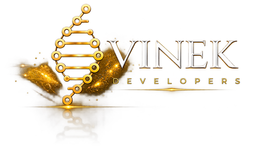 Logotipo de VINEK Developers: una hélice dorada de nodos junto al nombre VINEK DEVELOPERS